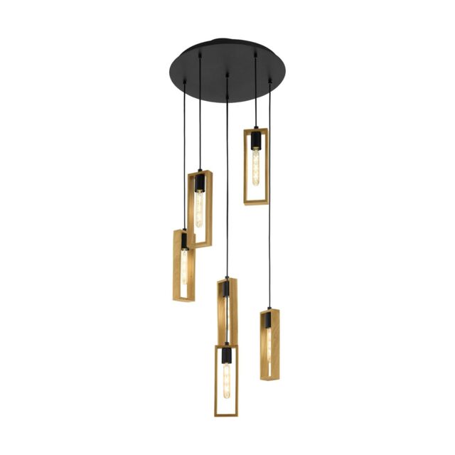 Loops Hanging Ceiling Pendant Light Black & Wood 6 Bulb Multi Lamp Hallway Feature - image 1
