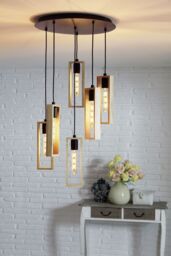 Loops Hanging Ceiling Pendant Light Black & Wood 6 Bulb Multi Lamp Hallway Feature - thumbnail 3