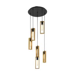 Loops Hanging Ceiling Pendant Light Black & Wood 6 Bulb Multi Lamp Hallway Feature - thumbnail 1