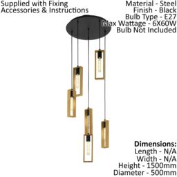 Loops Hanging Ceiling Pendant Light Black & Wood 6 Bulb Multi Lamp Hallway Feature - thumbnail 2
