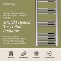 Balterley Straight Heated Towel Rail Radiator, 431W, 500 x 1500mm, Chrome in Silver - thumbnail 2