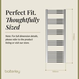 Balterley Straight Heated Towel Rail Radiator, 431W, 500 x 1500mm, Chrome in Silver - thumbnail 5