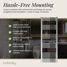 Balterley Straight Heated Towel Rail Radiator, 431W, 500 x 1500mm, Chrome in Silver - thumbnail 4