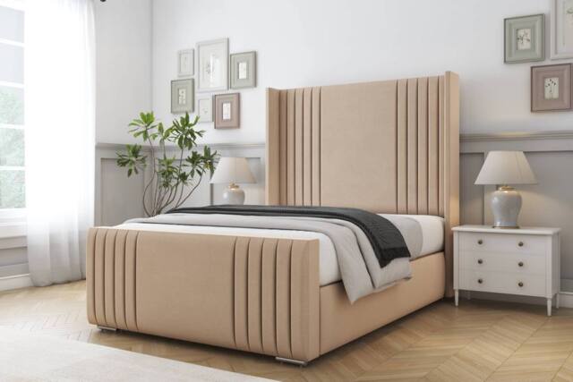 "Comfort Beds Elise Plush Bed Frame - 50"" Upholstered Wingback Headboard in Stone - Size: Super King" - image 1