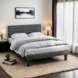 SPETLEK 3FT Linen Upholstered Single Bed in Grey - Size: Double - thumbnail 1