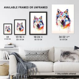 "Artery8 Wall Art Print Husky Dog Lover Gift Pet Portrait Rainbow Colours Artwork Painting Art Framed - Size: W12"" x H16""" - thumbnail 3