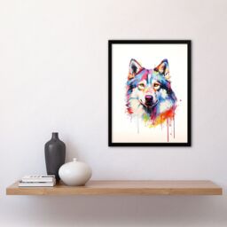 "Artery8 Wall Art Print Husky Dog Lover Gift Pet Portrait Rainbow Colours Artwork Painting Art Framed - Size: W12"" x H16""" - thumbnail 4