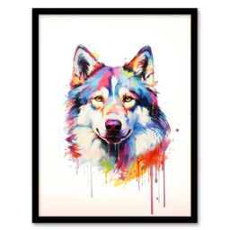 "Artery8 Wall Art Print Husky Dog Lover Gift Pet Portrait Rainbow Colours Artwork Painting Art Framed - Size: W12"" x H16""" - thumbnail 1