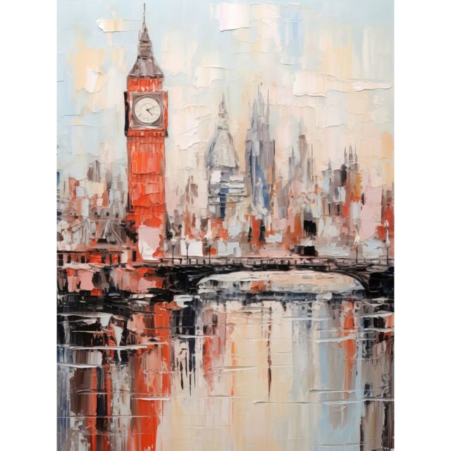 Artery8 Wall Art Print London Skyline Abstract Oil Painting Thick Paint Red Big Ben River Thames Westminster Bridge England City Poster - image 1