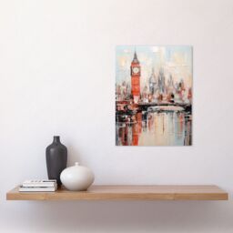 Artery8 Wall Art Print London Skyline Abstract Oil Painting Thick Paint Red Big Ben River Thames Westminster Bridge England City Poster - thumbnail 2