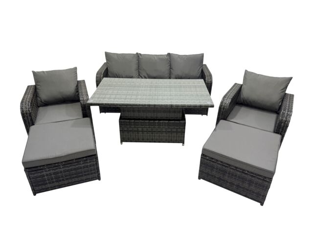 Fimous Rattan Garden Furniture Dining Set 6-seater with Big Footstool in Dark Grey - image 1