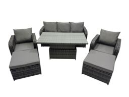 Fimous Rattan Garden Furniture Dining Set 6-seater with Big Footstool in Dark Grey - thumbnail 1