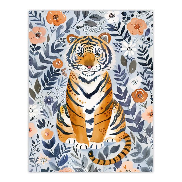 "Artery8 Cute Baby Tiger in Floral Pattern Blue Design Wall Art Print - Size: W24"" x H32""" - image 1