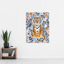 "Artery8 Cute Baby Tiger in Floral Pattern Blue Design Wall Art Print - Size: W24"" x H32""" - thumbnail 4