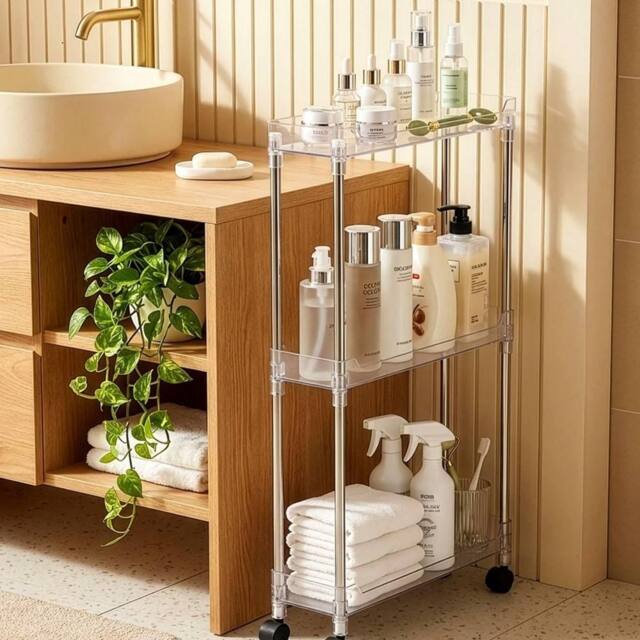 VOGREX 3-Tier Narrow Rolling Storage Cart Rolling Trolley, Kitchen Trolley in Silver - image 1