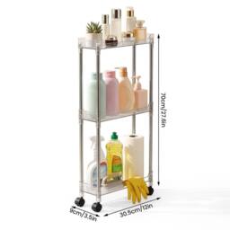 VOGREX 3-Tier Narrow Rolling Storage Cart Rolling Trolley, Kitchen Trolley in Silver - thumbnail 2