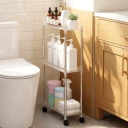 VOGREX 3-Tier Narrow Rolling Storage Cart Rolling Trolley, Kitchen Trolley in Silver - thumbnail 4