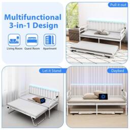 Costway Single Size Daybed with Charging Station & LED Lights in White - thumbnail 8