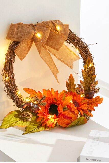Living and Home D30cm Halloween Decoration Artificial Sunflower Wreath with Lights in Orange - image 1