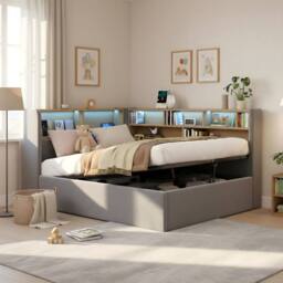 BTM L-Shaped Velvet Daybed with Storage, LED & USB, 90x190cm in Grey - Size: Single - thumbnail 2