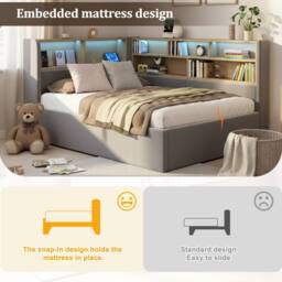 BTM L-Shaped Velvet Daybed with Storage, LED & USB, 90x190cm in Grey - Size: Single - thumbnail 6