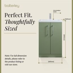 Balterley Bathroom Vanity Basin Unit, Chrome Handles, 600mm, Satin Green - thumbnail 5