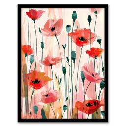 Artery8 Wall Art Print Poppy Flowers Pink Red Abstract Floral Painting Art Framed Poster in Black - Size: A4 - thumbnail 1
