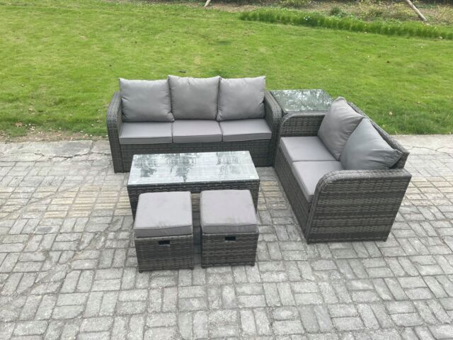 Fimous Outdoor Rattan Garden Furniture Set Patio Lounge Sofa Set with Coffee Table Side Table 2 Footstools Dark Grey Mixed - image 1