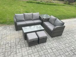 Fimous Outdoor Rattan Garden Furniture Set Patio Lounge Sofa Set with Coffee Table Side Table 2 Footstools Dark Grey Mixed - thumbnail 2