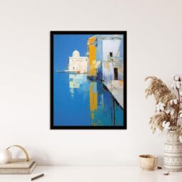 "Wee Blue Coo Wall Art Print Reflections Of Venice Oil Painting Blue Orange Abstract Santa Maria della Salute Coastal Art Framed - Size: W12"" x H16""" - thumbnail 4