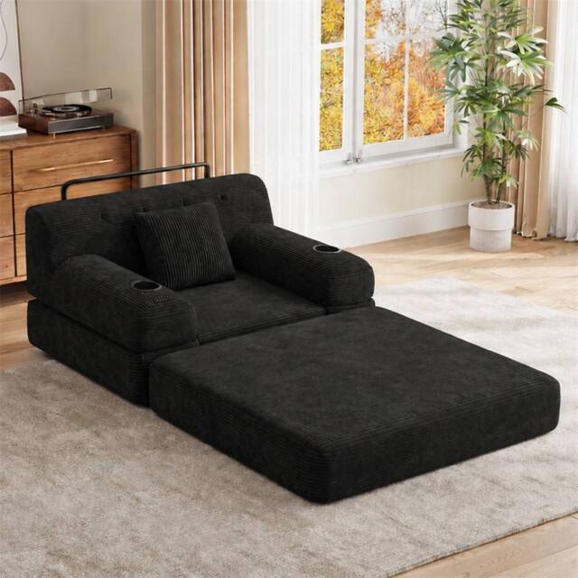 Direct Wicker 1-Seater Corduroy Sleeper Sofa with Cup Holders & Side Pockets in Black - Size: 1 Seater - image 1