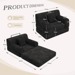 Direct Wicker 1-Seater Corduroy Sleeper Sofa with Cup Holders & Side Pockets in Black - Size: 1 Seater - thumbnail 7