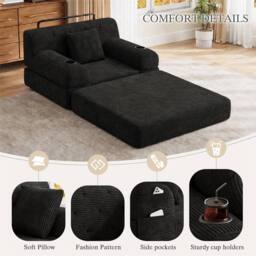 Direct Wicker 1-Seater Corduroy Sleeper Sofa with Cup Holders & Side Pockets in Black - Size: 1 Seater - thumbnail 2