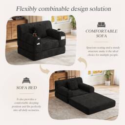 Direct Wicker 1-Seater Corduroy Sleeper Sofa with Cup Holders & Side Pockets in Black - Size: 1 Seater - thumbnail 4