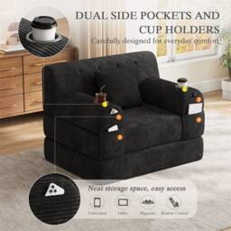 Direct Wicker 1-Seater Corduroy Sleeper Sofa with Cup Holders & Side Pockets in Black - Size: 1 Seater - thumbnail 3