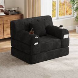 Direct Wicker 1-Seater Corduroy Sleeper Sofa with Cup Holders & Side Pockets in Black - Size: 1 Seater - thumbnail 8