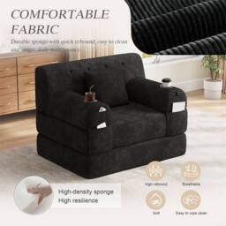 Direct Wicker 1-Seater Corduroy Sleeper Sofa with Cup Holders & Side Pockets in Black - Size: 1 Seater - thumbnail 6