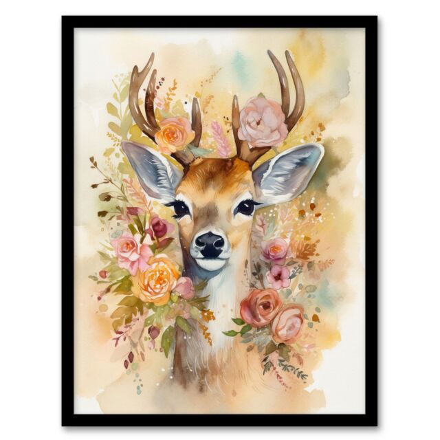 Artery8 Wall Art Print The Deer In My Roses Watercolour Stag Buck Soft Serene Calm Art Framed in Brown - Size: A4 - image 1