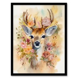 Artery8 Wall Art Print The Deer In My Roses Watercolour Stag Buck Soft Serene Calm Art Framed in Brown - Size: A4 - thumbnail 1