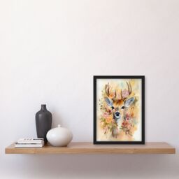 Artery8 Wall Art Print The Deer In My Roses Watercolour Stag Buck Soft Serene Calm Art Framed in Brown - Size: A4 - thumbnail 4