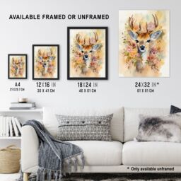 Artery8 Wall Art Print The Deer In My Roses Watercolour Stag Buck Soft Serene Calm Art Framed in Brown - Size: A4 - thumbnail 3