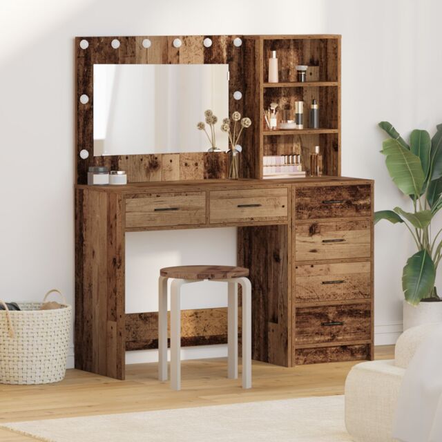 Berkfield Home 2 Piece Dressing Table Set with LED Old Wood Engineered Wood in Brown - image 1