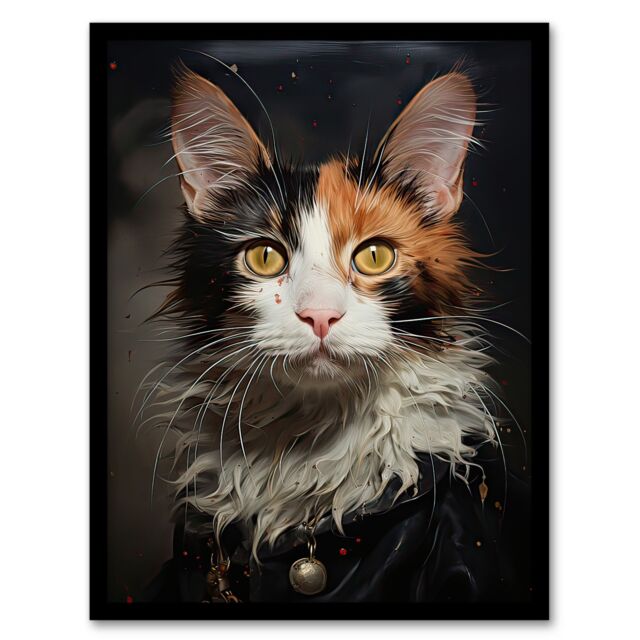 Artery8 Wall Art Print Maine Coon Cat Animal Portrait Oil Painting Framed Picture in Black - Size: A4 - image 1