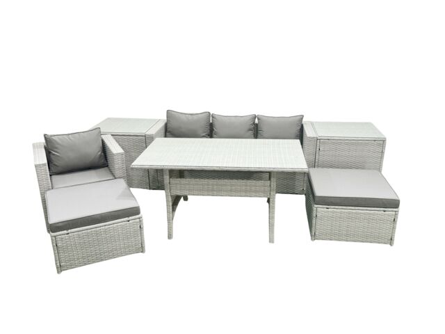Fimous Rattan Garden Furniture Set Outdoor 6 Seater Patio Dining Sets with Glass Top Dining Table 2 Side Tables Light Grey Mixed - image 1
