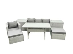 Fimous Rattan Garden Furniture Set Outdoor 6 Seater Patio Dining Sets with Glass Top Dining Table 2 Side Tables Light Grey Mixed - thumbnail 2