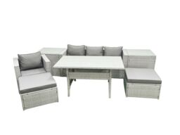 Fimous Rattan Garden Furniture Set Outdoor 6 Seater Patio Dining Sets with Glass Top Dining Table 2 Side Tables Light Grey Mixed - thumbnail 1