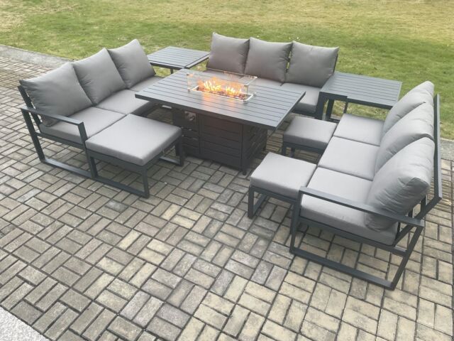 Fimous Aluminium Garden Furniture Outdoor Set Patio Lounge Sofa Gas Fire Pit Dining Table Sets with 3 Footstools 2 Side Tables Dark Grey - image 1