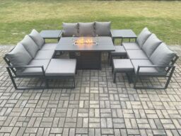 Fimous Aluminium Garden Furniture Outdoor Set Patio Lounge Sofa Gas Fire Pit Dining Table Sets with 3 Footstools 2 Side Tables Dark Grey - thumbnail 2