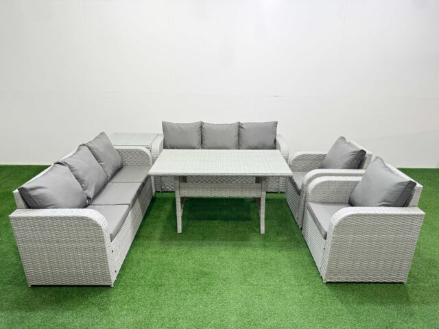 Fimous PE Rattan High Back Lounge Sofa Set Patio Rectangular Dining Table & Chairs Set with 3 Seater Sofa Reclining Chair Side Table Light Grey - image 1
