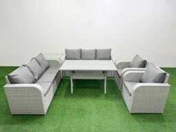 Fimous PE Rattan High Back Lounge Sofa Set Patio Rectangular Dining Table & Chairs Set with 3 Seater Sofa Reclining Chair Side Table Light Grey - thumbnail 2